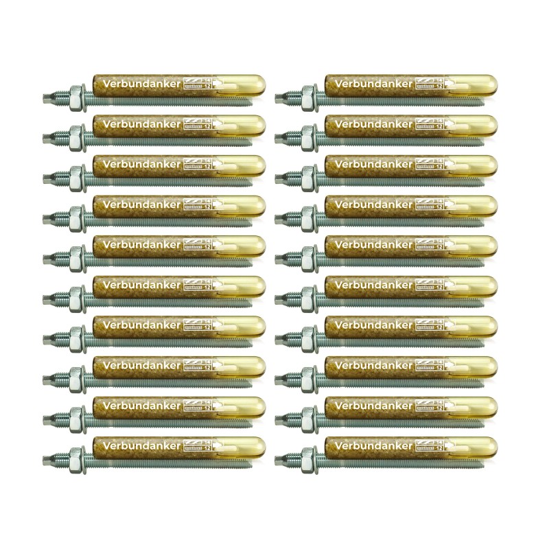 Set 20x Verbundankerpatrone M12 + Ankerstange M12 x300mm Verz. ETA Mörtelpatrone